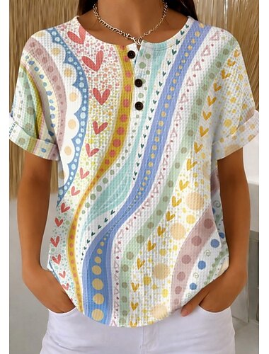  Blusas Waffle Texturizadas Femininas Camiseta Estampada em Bloco de Cores Gráfico Geometria Estilosa Clássica Manga Curta Gola Careca Tops Regulares Diárias Esportivas Verde Claro Caqui Arco-íris