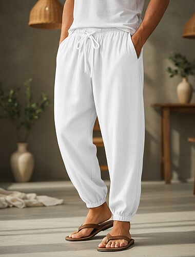  Herren Leinenhosen Hose Sommerhose Jogginghose Elastischer Bund Gerader Schnitt Hohe Taille Einfarbig Einfach Komfort Atmungsaktiv Volle Länge Hochzeit Ferien Urlaub Mode Blau Schwarz Dehnbar