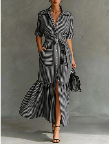  Dame Midikjole Sommerkjole A Linje Kjole Bodycon kjole Ferie Fest Fødselsdag Daglig Kontor Fest Løstsiddende Grafisk Kortærmet Knaphul Blå Sort Lyserød Kamel Sommer Forår