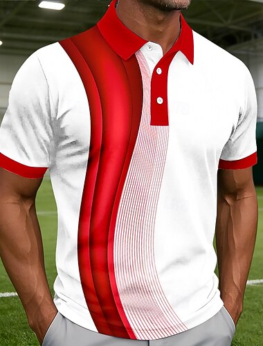  Herren Geometrisch Linie Poloshirts Kurzarm Polo-Shirts Hemden mit Kragen Lässig Athleisure Knöpfe Sommer Frühling Blau Rote Purpur