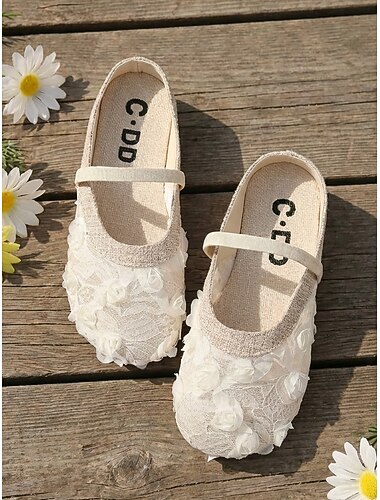  Beige blommiga Mary Jane-slip-ins med spets för kvinnor – bekväma linneskor med elastiskt band för vardagsbruk, parkpicknick och vardagsbruk