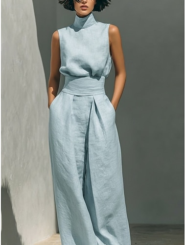  Per donna Set di Pantaloni Finto cotone e lino Senza Maniche Dolcevita Semplice Moda Streetwear Casuale Quotidiano All'aperto Blu Nero Verde militare Primavera & Estate Vestibilità comoda