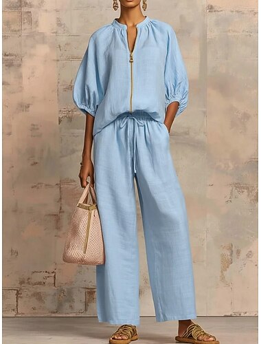  Dames Katoenen linnen sets 3/4 mouw Effen Vakantie Dagelijks blauw Zwart Lichtgroen Zomer Ruim Passend