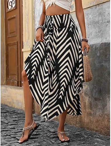  Damen Urlaubsrock Elegant Bohemien Vintage Mode Midi Mittlere Hüfthöhe Röcke Grafik Geometrisch Kordelzug Elastischer Bund Unregelmäßiger Saum Mikroelastisch Täglich Straße Schwarz Blau Sommer