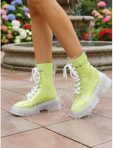  Bottes de pluie transparentes et imperméables pour femmes, à porter avec chaussettes – bottines de combat à lacets et plateforme épaisse avec semelle antidérapante, idéales pour les jours de pluie,