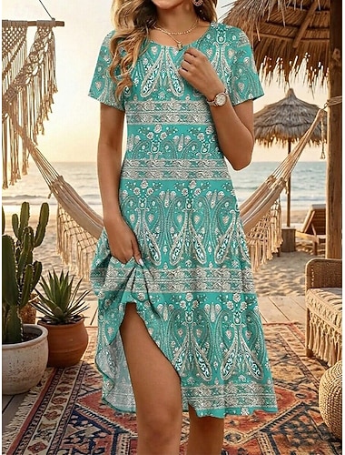  Damen Knielanges Kleid Boho-Kleid Strandkleid Sommerkleid Vintage Gotisch Täglich Strand Wochenende Normale Passform Blumen Kurzarm Rundhalsausschnitt Gelb Wein Orange Grün Sommer Frühling