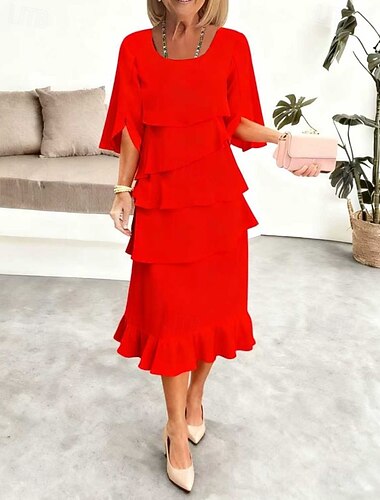  Dam Blå Svart Rubinrött Vår Midiklänning A linjeklänning Volangkjol Födelsedag Formell Semiformella klänningar Strand Semester Fest Normal Slät Båthals