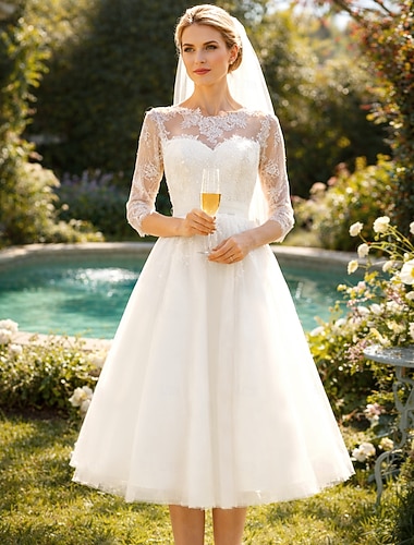  Ligne A Longueur thé Robes de mariée Robes pour enterrement de vie de jeune fille robe de mariée ancien Années 1940 / 1950 Petites Robes Blanches Manche 3/4 Col Illusion Remise des Diplômes