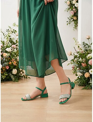  Groene sandalen met blokhak voor dames en een met kristallen versierde band, elegante schoenen voor de moeder van de bruid bij een tuinbruiloft, comfortabele sandalen met lage hak voor een ceremonie