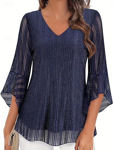  Mulheres Camisa Social Blusa Com Transparência Tecido à moda Clássico Moderno Manga 3/4 Decote V Tops regulares Diário Feriado Para Noite Azul Marinha Verão Primavera