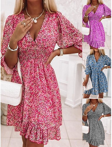  Naisten Mini mekko Boho-mekko Vintage mekko Rento mekko Kukka mekko Tyylikäs Muoti Moderni Hiekkaranta Loma Bile Normaali Kukka Puolihiha V kaula-aukko Sininen Apila Harmaa Kesä Kevät