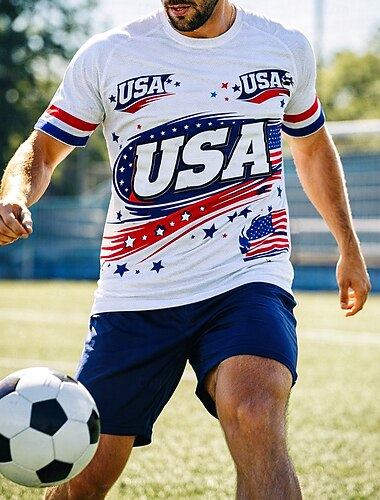  Miesten Jalkapallopaita Geometrinen USA Amerikan lippu Puserot Urheilullinen T-paita Kesä Väripaletti Lyhythihainen Kausaliteetti Urheilullinen Spandex UPF 50 Nopea kuivuminen Kosteuden siirtäv