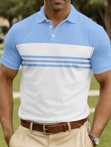  Bărbați Dungi Tricouri polo Manșon scurt Tricouri de polo Cămăși cu guler Casual Îmbrăcăminte Atletică Nasturi Primavara vara Albastru piscină Alb Bleumarin
