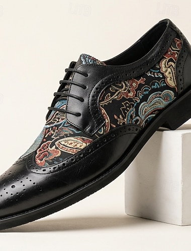  Herresko i svart med paisley-mønster og vingetupp i oxford-stil med snøring, formelle dresssko med vintage-trykk, forretningssko til bryllup, banketter, fester, kontor, skoleball og herrekvelder