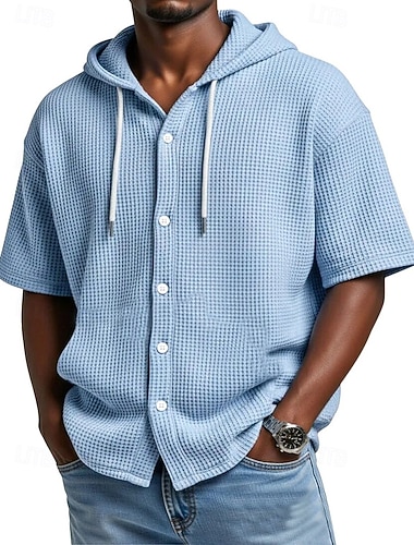  Homens Camisa Social Camisa Waffle Camisa casual camisa de botão Preto Branco Verde Claro Vermelho Azul Marinho Escuro Manga Curta Côr Sólida Tecido Com Capuz Casual Diário Patchwork Roupa Férias