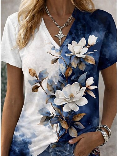  Women's T Shirt Print Floral Graphic Vintage Stylish Classic Short Sleeve V Neck Regular Tops Daily White-Blue Black Red Summer Spring