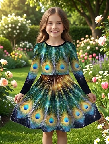  FILLE 3D Graphique Paon Robe manche longue Impression 3D Printemps Automne Quotidien Vacances Soirée Occasionnel Princesse Beau Enfants 4-12 ans Robe Décontractée Robe trapèze Mi-long Coupe régulière