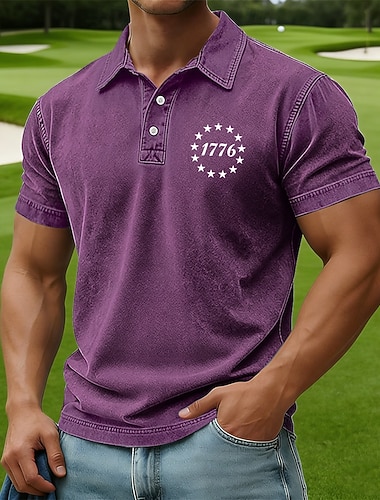  4. Juli 2026 250. Herren Amerikanische US-Flagge Acid-Wash-Shirt 100% Baumwolle Kurzarm Polo-Shirts Hemden mit Kragen Lässig Outdoor Athleisure 3D-Druck Knöpfe Frühling & Sommer Blau Purpur Braun