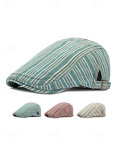  قبعة بيريه مسطحة مخططة من القطن للرجال، قبعة يومية وسفرية عملية، ألوان متعددة، إكسسوار صيفي خفيف الوزن للرجال