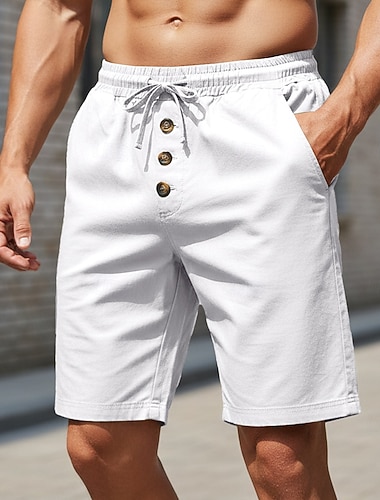  Herren Shorts Leinenshorts Sommershorts Strandshorts Kordelzug Elastischer Bund Knöpfe Einfach Einheitliche Farbe Komfort Atmungsaktiv Knielang Täglich Outdoor Strand Urlaub Mode Schwarz Weiß