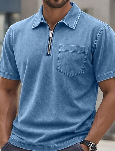  Herren Poloshirts Hemd aus 100 % Baumwolle in Säurewaschung Lässig Alltagskleidung Viertelreißverschluss Kurzarm Vintage Basic Einfach Tasche Betrübt Sommer Normale Passform Armee-Grün Schwarz Rosa