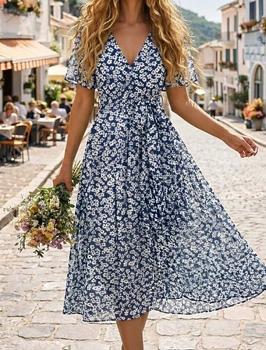  Damen Midikleid Cocktailkleid Chiffonkleid Blumenkleid Mode Modern Urlaub Ferien Teegesellschaft Normale Passform Blume Kurzarm V Ausschnitt Blau Hellgrün Rote Marineblau Sommer