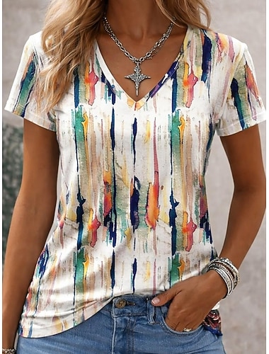  Mulheres Camiseta Imprimir Gráfico Listrado Abstrato à moda Clássico Casual Manga Curta Decote V Tops longos Diário Marron e Branco Cinzento / Branco Branco Verão Primavera
