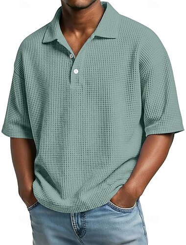  男性用 ワッフルポロシャツ テクスチャード加工 カジュアル ビジネス 折襟 半袖 ファッション ベーシック 純色 ボタン 平織り 春夏 ブルー ディープグリーン ホワイト ルビーレッド ネイビーブルー パープル ワッフルポロシャツ