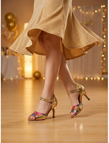  latinska dansskor för dam - guldfärgade ballroomskor med flera remmar &salsa klackar
