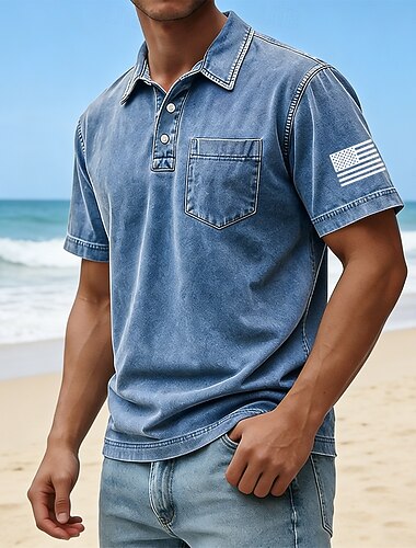  Herren Amerikanische US-Flagge Acid-Wash-Shirt 100% Baumwolle Kurzarm Polo-Shirts Revers Hawaiianisch Lässig Athleisure Urlaubskleidung Tasche 3D-Druck Knöpfe Frühling & Sommer Blau Rote Grün