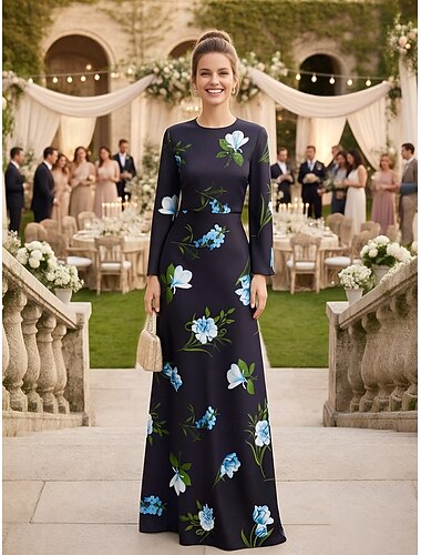  Krój A Sięgająca podłoża Sukienka dla gościa weselnego Suknia Suknia wieczorowa Sukienka dla matki panny młodej Długi rękaw Półgolf Elegancja Formalny Satyna z Kwiatowy wzór