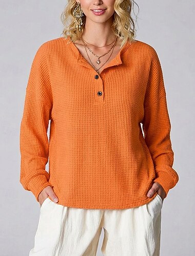  Dames Overhemd Wafelgebreide tops Effen Kleur Elegant Stijlvol Klassiek Lange mouw Henley Normale tops Dagelijks Sport Weekend Zwart Wit Geel Rood Oranje Zomer Lente Herfst