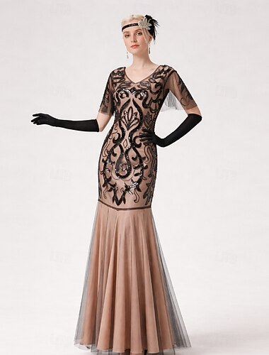  Sett De livlige 20-årene 1920-tallet Ankellengde Lang Lengde Kjoler Aftenkjole Drakter med tilbehør Lue Ermer Den store Gatsby Bryllupsgjest Paljetter Paljetter Øsehals Kostyme Dame Maskerade