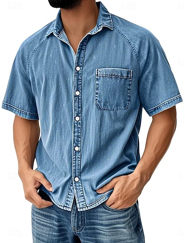  Herren Hemd Freizeithemd Knopfhemd Hemd aus 100 % Baumwolle in Säurewaschung Schwarz Hellgrün Marineblau Purpur Grün Kurzarm Einfach Hemdkragen Lässig Täglich Fronttasche Bekleidung Elegant Mode