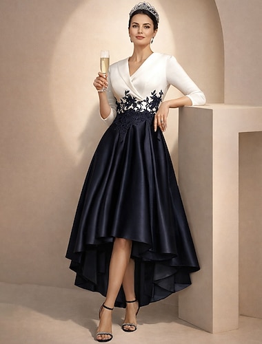  A-linje Asymmetrisk Te-lengde Festkjole Cocktail Kjole Gjestekjole til bryllup Kjole til brudens mor 3/4 ermer Skjortekrage Elegant Asymmetrisk lengde Formell Bryllupsgjest Sateng Blonder med