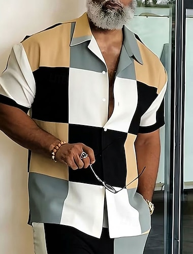  Per uomo Geometrico Blocco di colori Camicia Camicia con Bottoni Camicia con collo camp Manica Corta Moda Casual Abbigliamento casual alla moda Vacanza Estate Primavera Colletto cubano Stampa 3D Blu