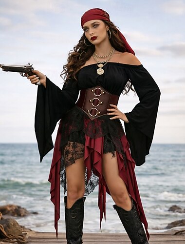 Conjunto Medieval Renascentista Saia Blusa / Camisa Corpete com acessórios Pirata Fantasia Mulheres Pirata Dia Das Bruxas Carnaval Baile de Máscaras feira renascentista Festa Temática Retro Adulto