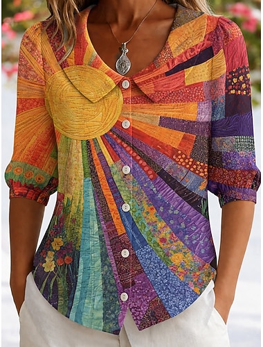  Dame Skjorte Kunst Bohem Ferie Tropisk Daglig Strand Ferie Blå Rosa Oransje Grønn Sommer Vår