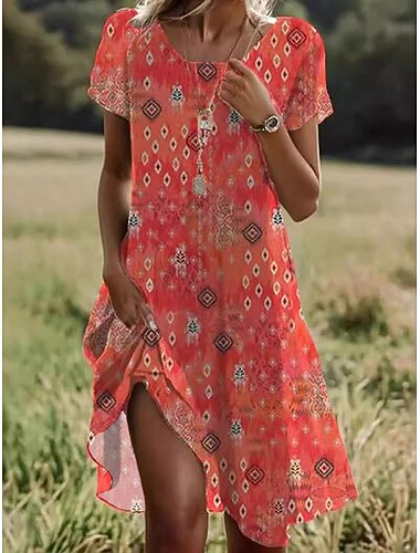  Damen Knielanges Kleid Boho-Kleid Chiffonkleid Blumenkleid Sommerkleid Vintage Western Täglich Strand Wochenende Normale Passform Blumen Kurzarm Rundhalsausschnitt Blau Rote Beige Sommer Frühling