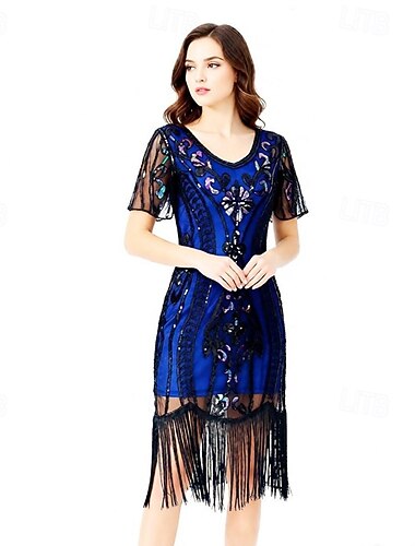  Vintage Möly 20s 1920-luku Polvipituinen Mekot Mekko Suuri Gatsby charleston Paljetti Tuubi V kaula-aukko Naamiaispuku Naisten Halloween Karnevaali Cocktailjuhla Aikuiset Aikuisten Leninki Kaikki