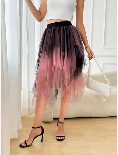  Damen Urlaubsrock Elegant Mode Niedlich Lässig Midi Mittlere Hüfthöhe Röcke Farbblock Elastischer Bund Unregelmäßiger Saum Geschichtet Mikroelastisch Täglich Urlaub Violett Weiß Rosa Rote Sommer