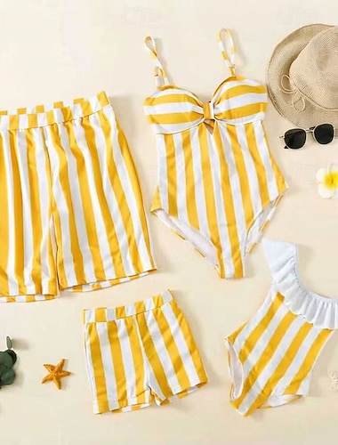  Famiglia Costume da bagno Tuta A righe Casuale Arricciato Giallo Senza Maniche Attivo Abiti coordinati
