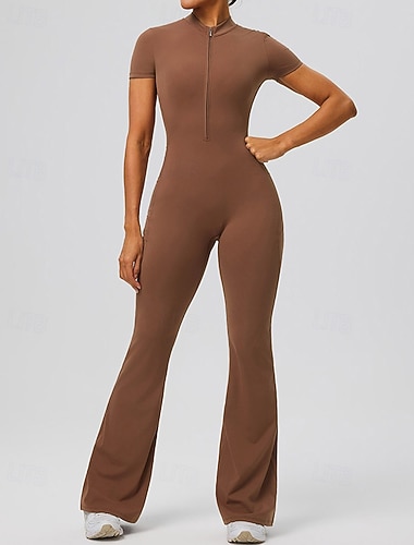  Mulheres Macacão de treino Pijama Macacão Zíper Frontal Côr Sólida Body Verão Primavera Outono Preto Azul Corrida Ginástica Ioga Butt Lift Secagem Rápida Esticar Manga Curta Esporte Roupas Esportivas