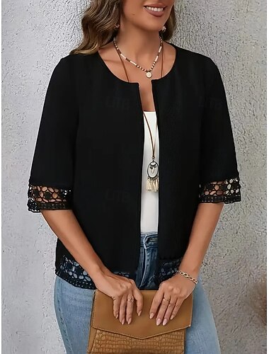  Mujer Chaqueta casual Cómodo Transpirable Encaje Retazos Casual Plano Casual Vacaciones Calle Ropa Cotidiana Frente Abierto Regular Cuello redondo Ajuste regular Manga 3/4 Ropa de calle Negro Verano