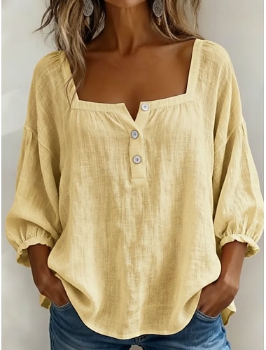  Damen Bluse Einfarbig Täglich Stilvoll Basic Dreiviertelarm Quadrathals Normale Oberteile Täglich Blau Gelb Rosa Sommer Frühling