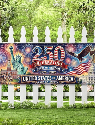  250. Jahrestag der USA: Banner „250 Jahre Freiheit“ zur Feier der US-Geschichte mit Freiheitsstatue, Adler und Feuerwerk – perfekt für patriotische Feierlichkeiten