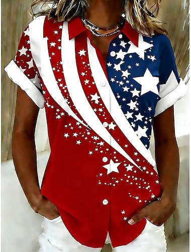  Americký den nezávislosti Dámské Košile Grafika Vlajka Vinobraní stylové Na běžné nošení Krátký rukáv Košilový límec Běžné topy Denní Bílá Rubínově červená Léto Jaro