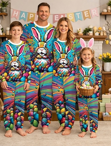  Familie Ostern Schlafanzug Grafik Hase Lässig Druck Blau Langarm Urlaub Passende Outfits