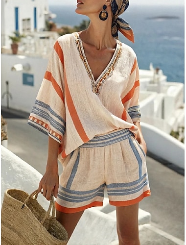  Mujer Conjuntos de pantalones cortos Lino de algodón sintético Manga 3/4 Escote en Pico A Rayas Vacaciones Diario Casual Diario Exterior Morado Caqui Beige Verano Holgado