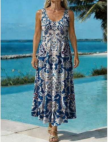  Damen Maxikleid A Linie Kleid Lässig Strand Normale Passform Grafik Paisley-Muster Ärmellos V Ausschnitt U-Ausschnitt Blau Sommer Frühling